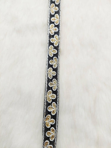 Wholesale Black Net Lace Floral Embroidery & Glitter Gold Sequins, Indian Wedding Border, Gifting Ribbon Costume Trim Fashion Trimming